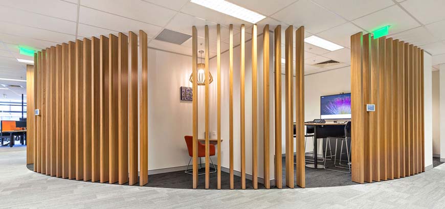 office interior design curved slatted wall