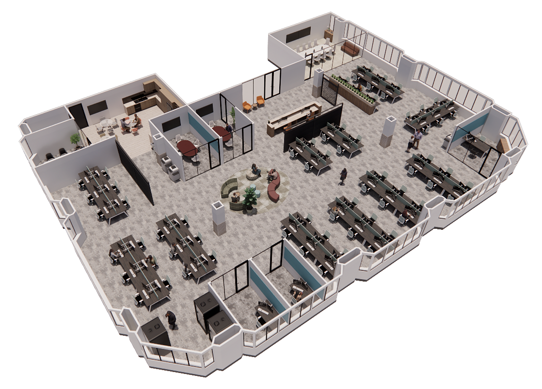 3D open plan with offices rendering