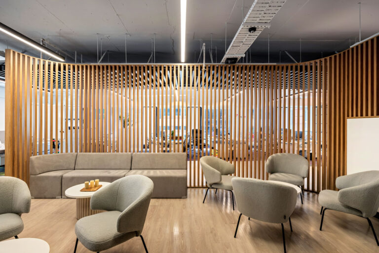 Slatted timber partition screening