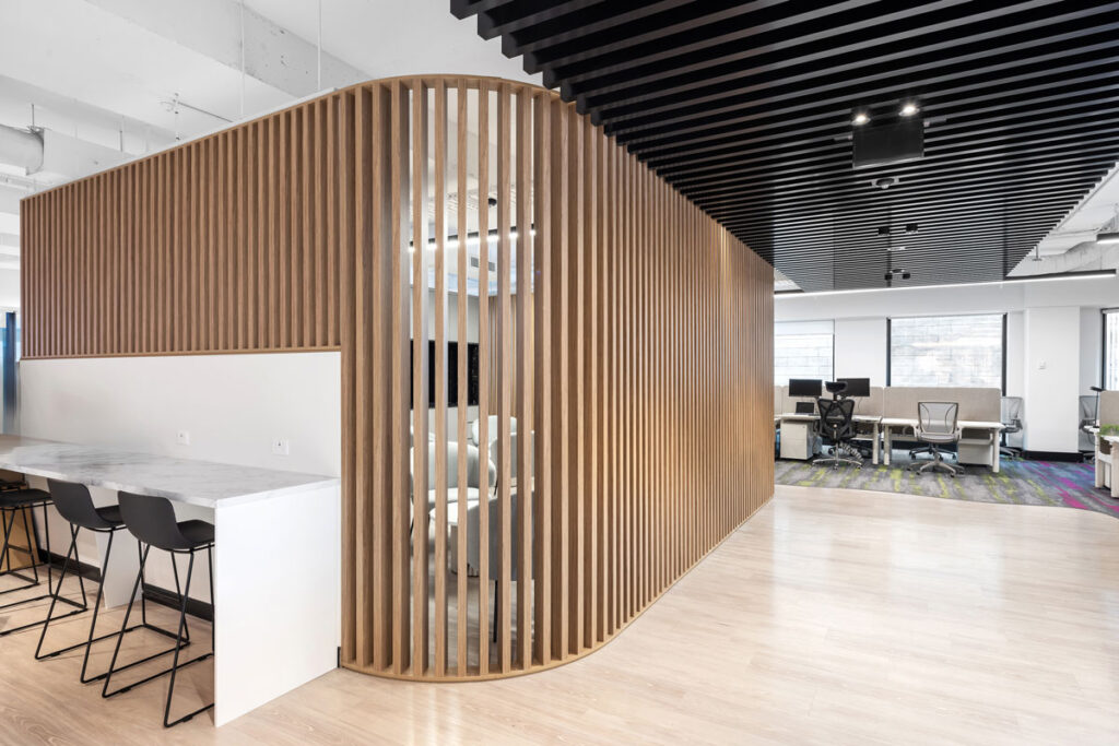 curved timber slats office partition