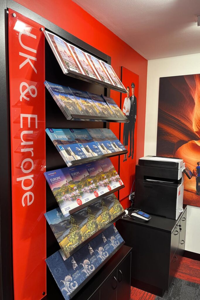 Travel agent brochure shelving